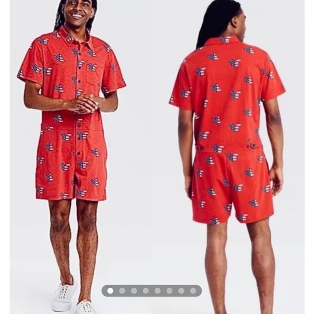 Disney Mens Sz Small Romper Red Short Sleeve Button Front American Stretch